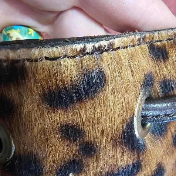 Patricia Nash Calf Hair Leather Bucket Bag Leopard Brown Crossbody Drawstring - Picture 13 of 16